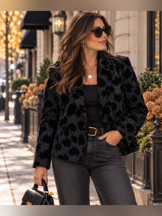 Harve Benard Jackets & Blazers - Harvé Benard Black Velvet Burnout Leaf Blazer Jacket Size 16 Fall Academia Chic